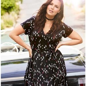 TORRID Faux Wrap Dress V Neck Black White IKAT Pattern Belt Women Plus SZ 3